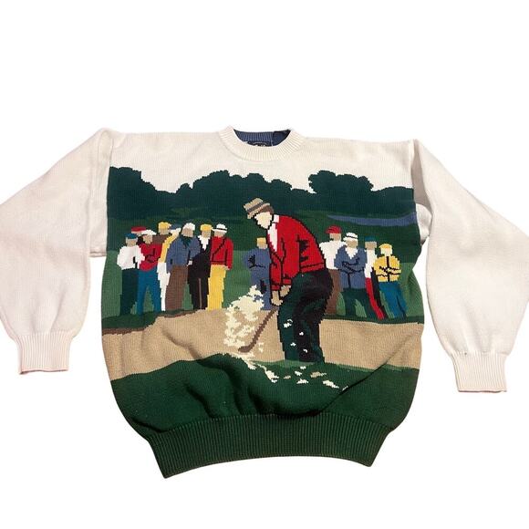 Vtg Allen Solly Golfer Graphic Printed Knit Sweater Size Large 90s Retro Preppy - Picture 1 of 7
